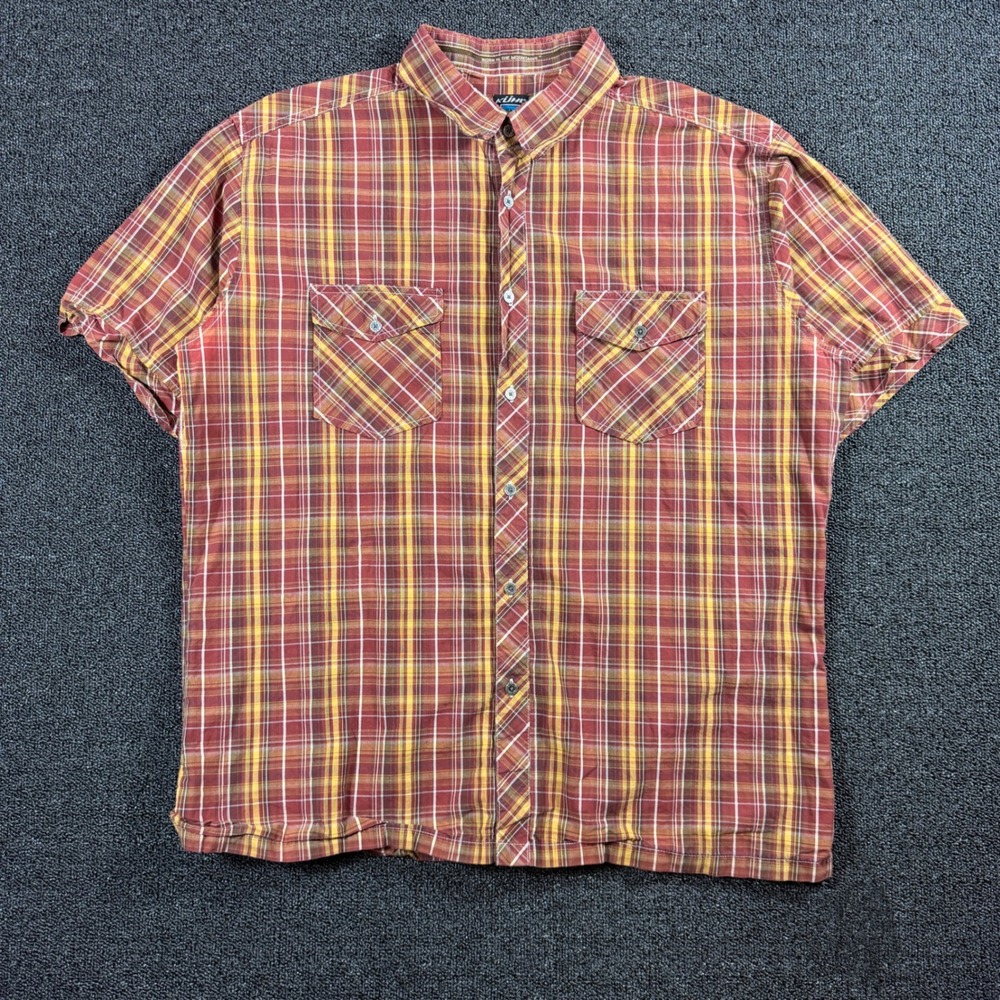 Kuhl Suncel Plaid Button Up Shirt Mens XL Short Sleeve Red Yellow Metal Buttons